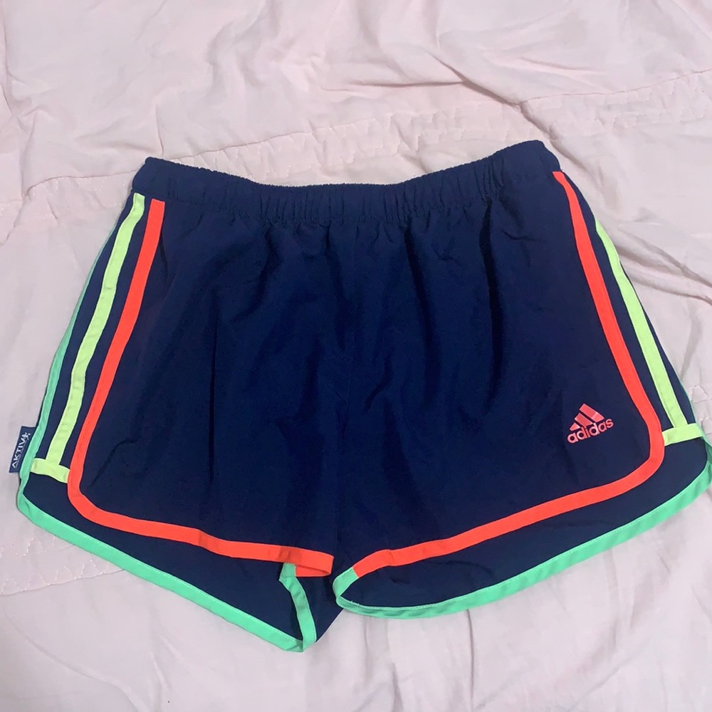 Adidas navy blue and color strips athletic shorts